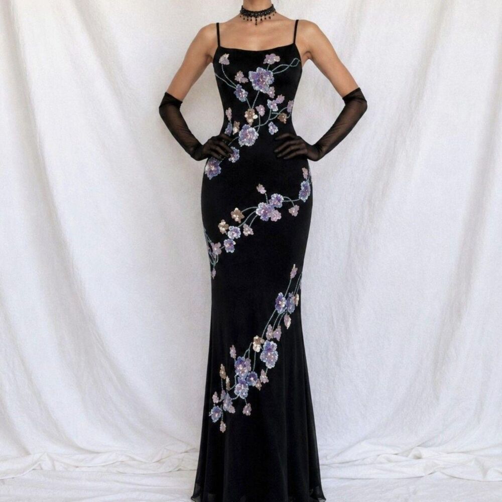 Vintage Black Blue Purple Floral Beaded Knit Maxi Bodycon Prom Dress Size M